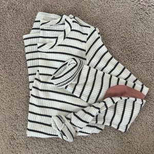 Chris & Carol striped sweater with pink elbow patches. Size L.